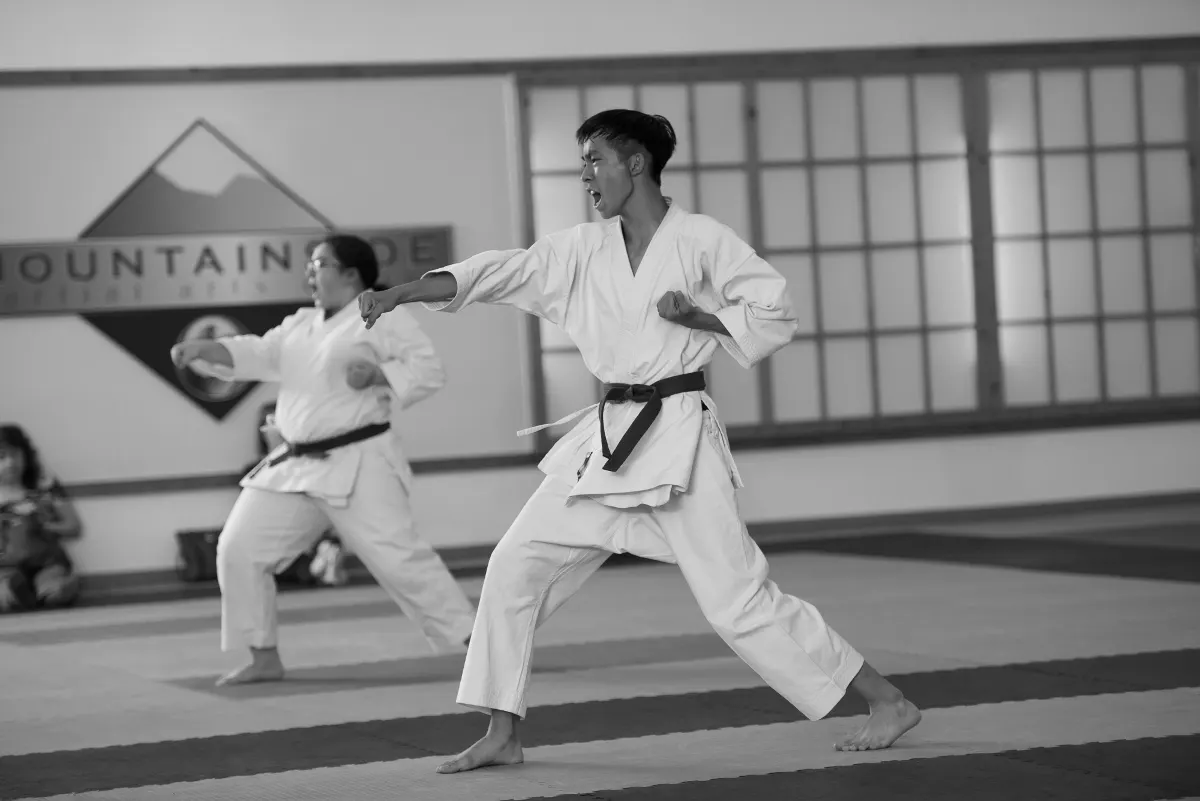 Two Wado-Ryu karateka practicing a paired exercise at Mountainside Martial Arts