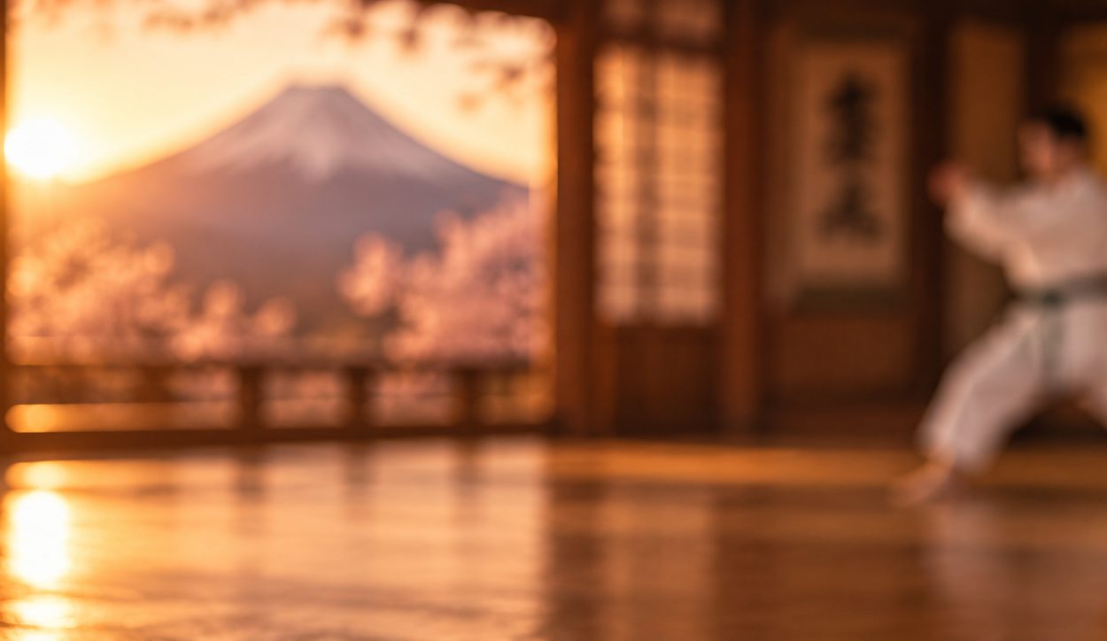 Traditional dojo with a view of Mount Fuji at sunset and a student practicing kata